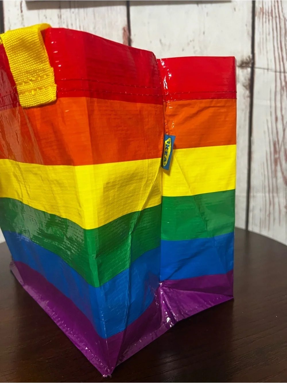 IKEA Rainbow Stripe Tote Bag with Yellow Handles